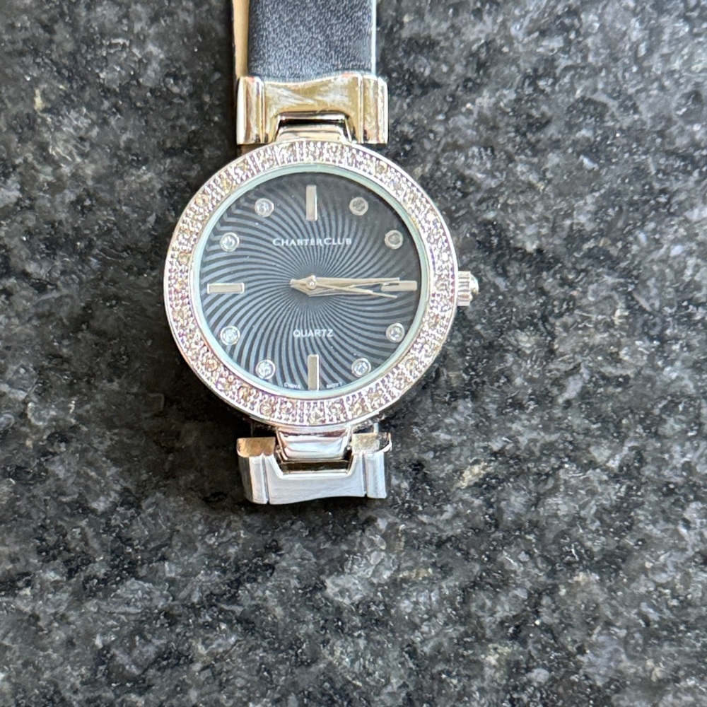 Charter Club Silver Crystal-Trim Black Dial Women's Watch